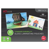 GBC LAMINATING POUCH GLOSS 80 MICRON A3 CLEAR PACK 100