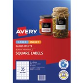 AVERY 980015 L7119 SQUARE LABELS LASER AND INKJET 35UP GLOSS WHITE PACK 10